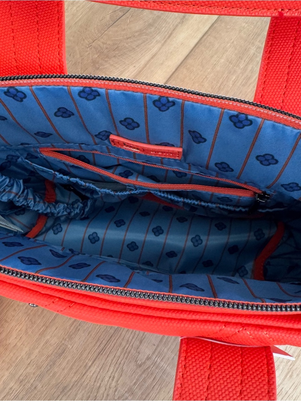 lug papaya ice pop Crossbody Tote with Blue Patterned Interior - Picture 2 of 2